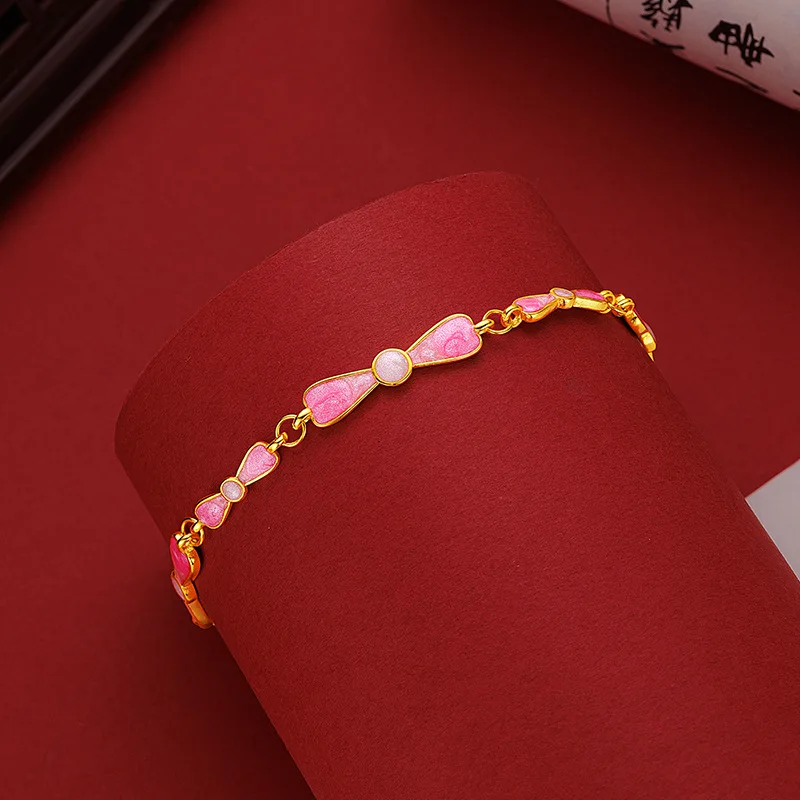 

Luxury Pink Enamel Bow Bracelet for Women Niche Design Sense Light Jewelry Gift