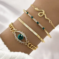 4Pcs Vintage Round Green Zircon Personality Snake Simple Metal Bracelet Set for Women Statement Open Cuff Bangles Party Jewelry