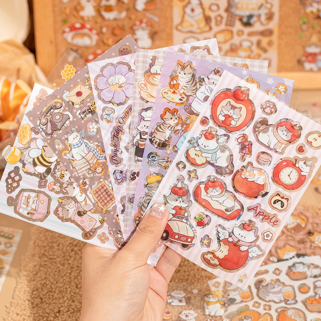 20Pcs Cute Cat Themed PET Stickers, Cozy Daily Life Scrapbooking Decals