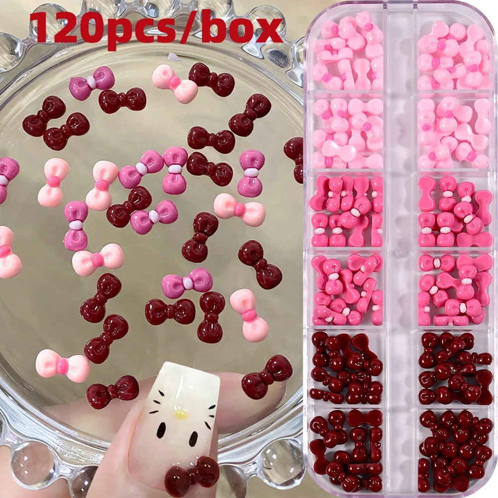 120pcs/Box Cute Hello Kitty Bow Nail Charm Multi Colors Bows Nail Art Accessories Flatback Resin Rhinestones Nails Decor Parts *