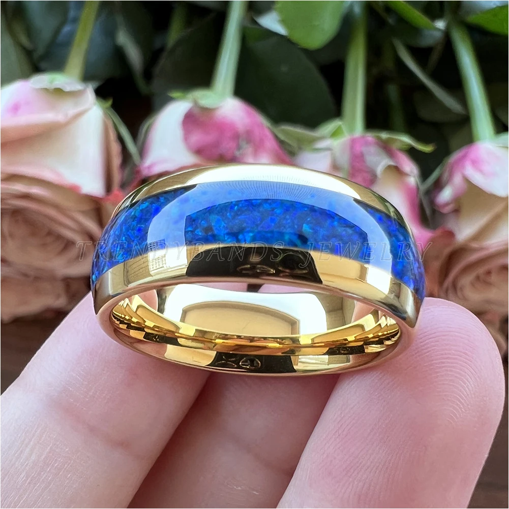 6 mm 8 mm Ringe für Männer und Frauen, Wolfram-Ehering, Modeschmuck, blaue Opal-Inlay, gewölbt, poliert, glänzend, bequeme Passform – Detail 11
