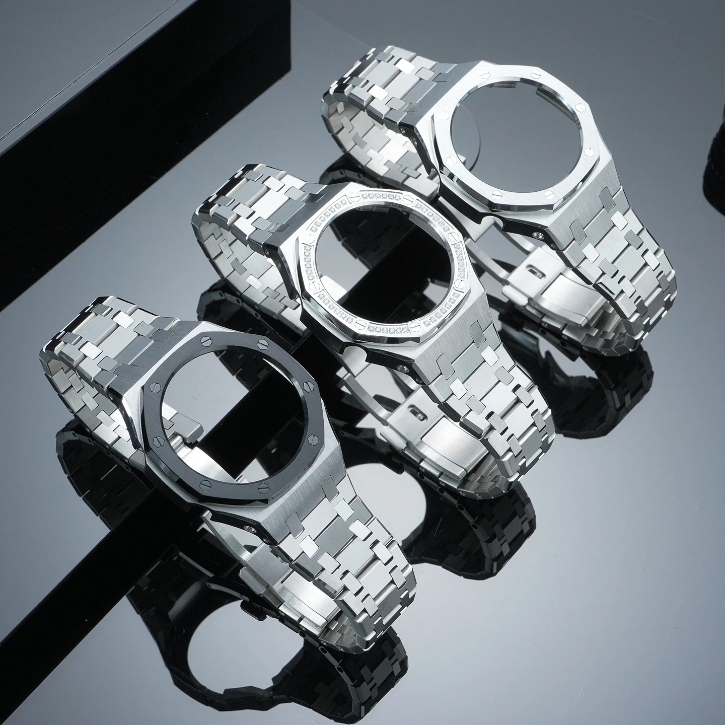 For Casio G-SHOCK Farmhouse Oak Series Solid Stainless Steel Diamond-Set Case with Steel Band: GA-2100, GA-2110, GA-B2100