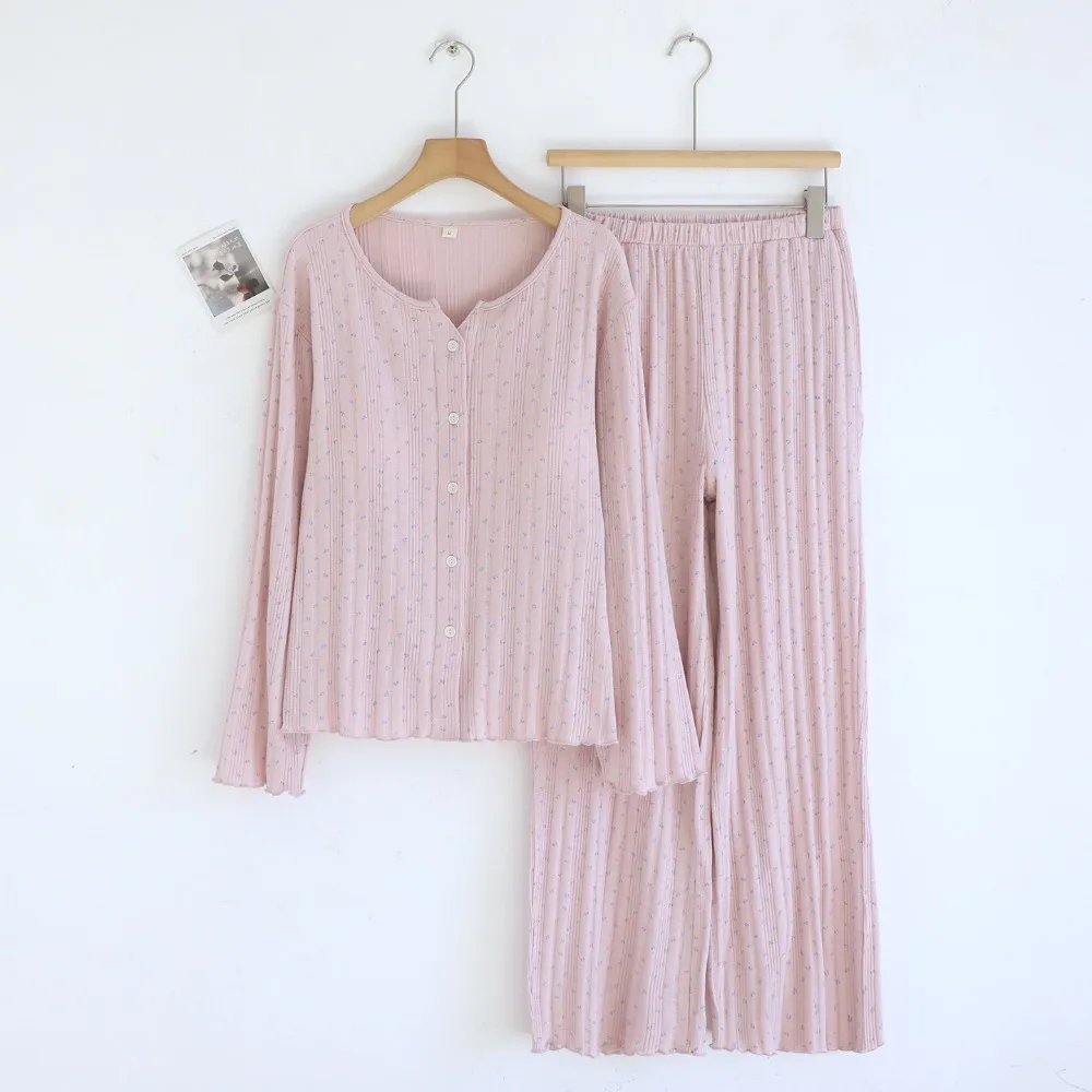 

100% Cotton Home Wear Sleepwear Set 2026 Autumn New Long Sleeve Tops with Chest Pad And Trousers 2 Pcs Pajamas Set For Ladies