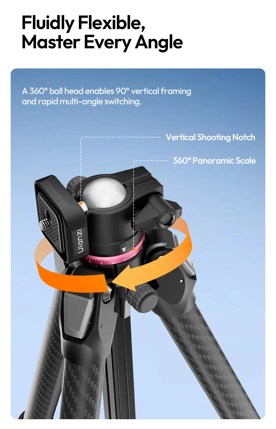 Ulanzi TZ01 Vielseitiges 2-in-1 Carbonfaser-Stativ Max. 1,6M Stativ mit Mini-Stativsäule für DSLR-Kamera für Outdoor-Reiseaufnahmen – Detail 8