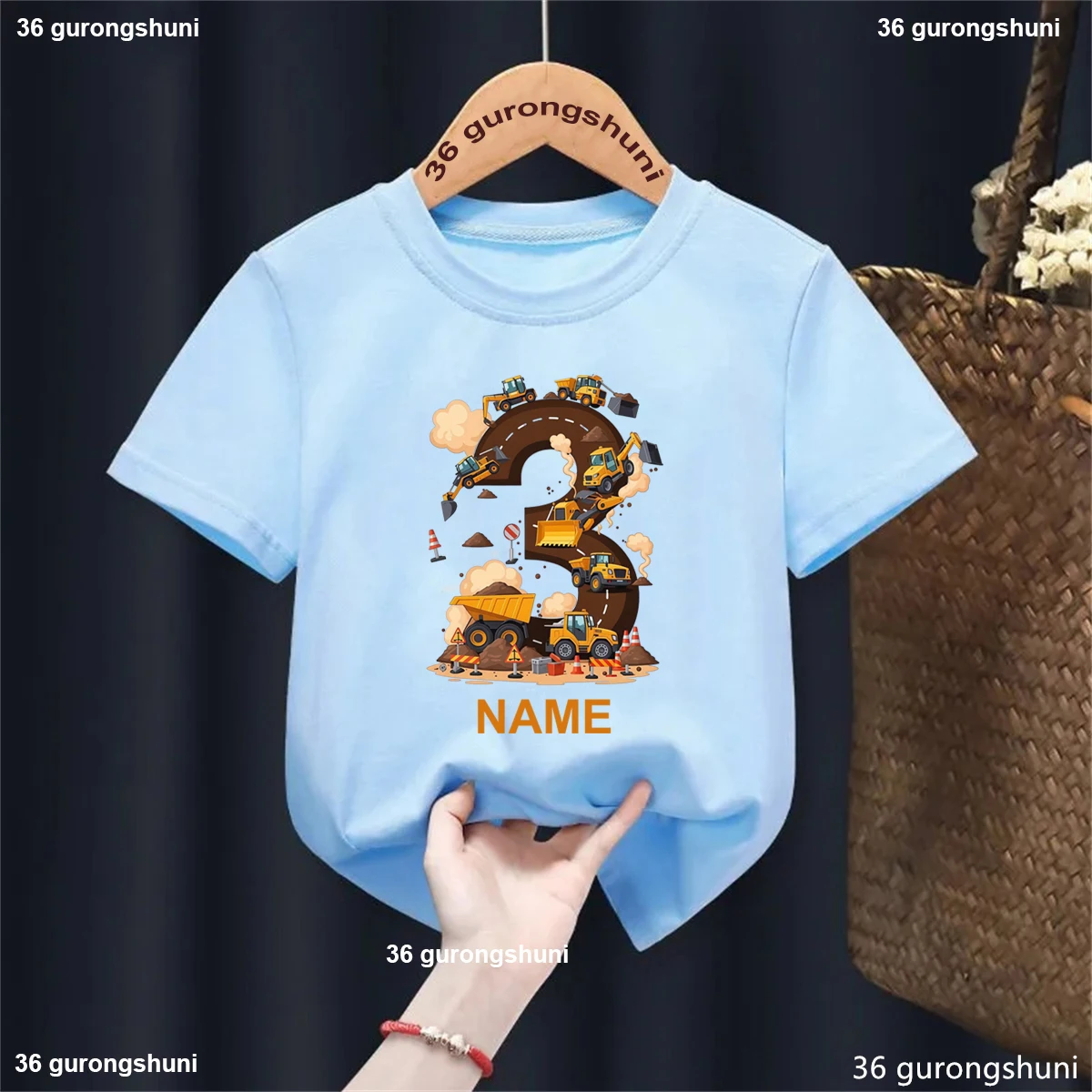 Custom Name 3rd Birthday Gift Excavators Bulldozer Printed T Shirt Boys The Best Birthday Gift T-Shirt Kawaii Kids Clothes