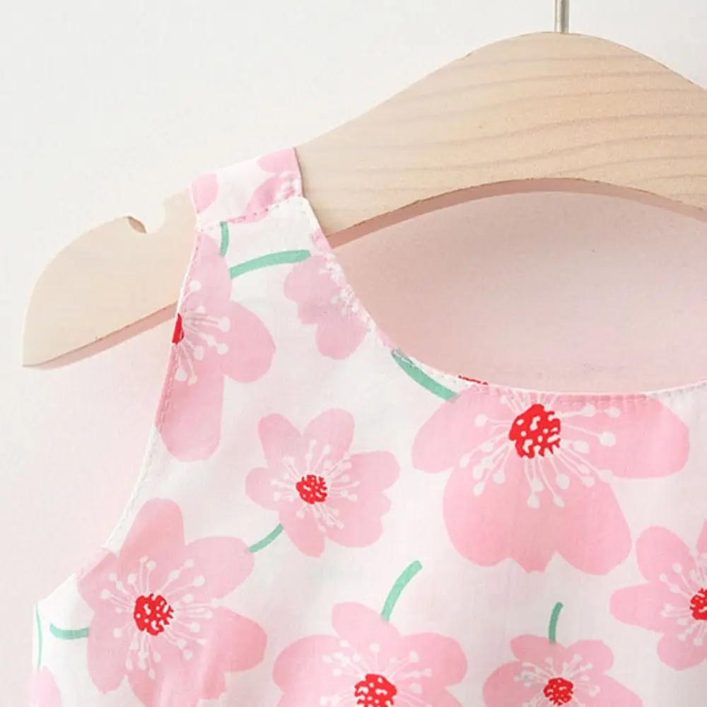 Soft Bowknot Baby Girl Princess Dress Summer Cotton Floral Dress with Hat Sleeveless Sweet Flower Dress Beach Vacation