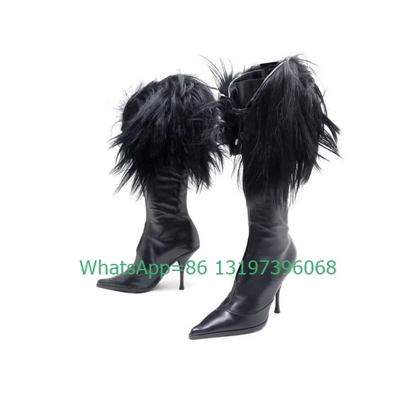 

Lady fur design cowboy vintage style boots pointed toe high heels PU black retro punk boots daily new arrive shoes feather shoes