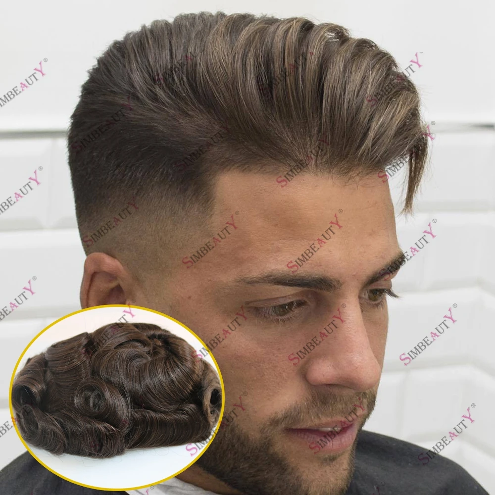 Natural Human Hair Medium Density Brown Black Gray Hair Hairpieces Full Skin Corrugated Front Cheap Human Hair Toupee for Men