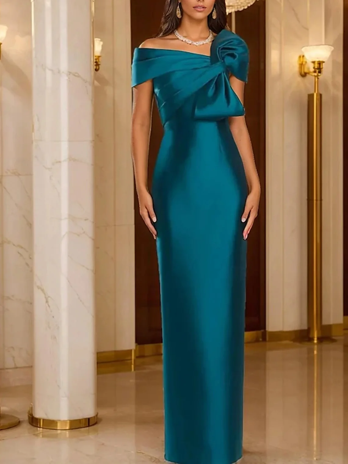 

Elegant Sheath Column Satin Prom Dress One Shoulder Floor Length Short Sleeves Bow Knot Formal Evening Gown 2025 free customized