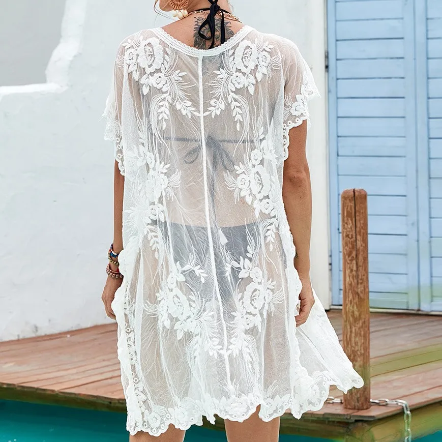 Damen-Strand-Kimono mit floraler Spitze – durchsichtiger Bikini-Vertuschung für Badeanzüge, leichtes Sommer-Badebekleidungs-Vertuschungskleid