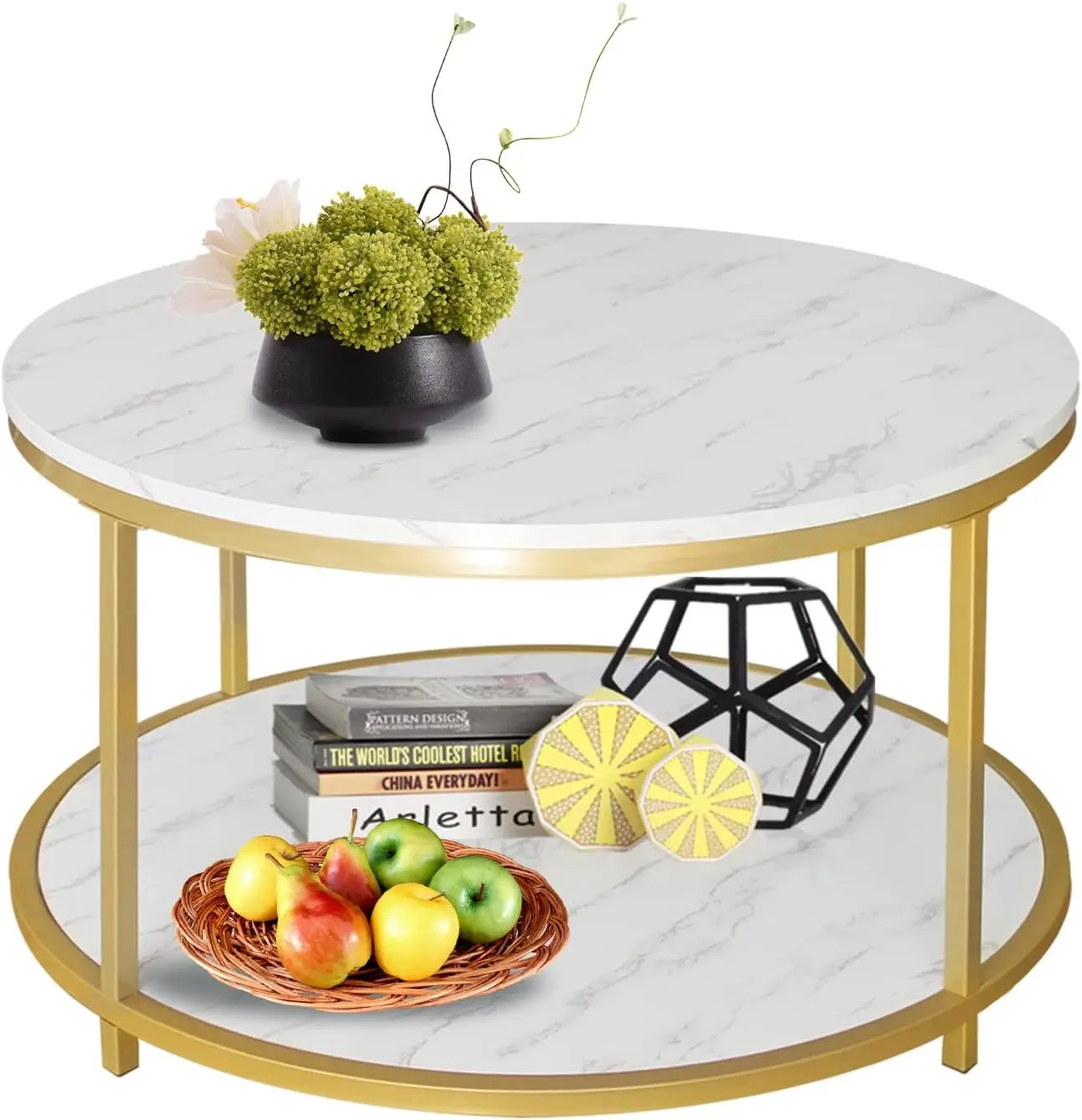 Mesa de centro redonda dorada de 31,5" - Tapa de madera con estante de almacenamiento abierto y estructura de metal resistente, mesa de sofá para sala de estar