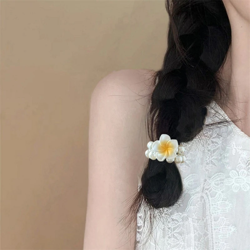 Fashion Elegant Plumeria Flower Head Rope Hair Ties Sweet Korean Flower Hair Rope Women Elastic Rubber Band Pearl Hair Loop