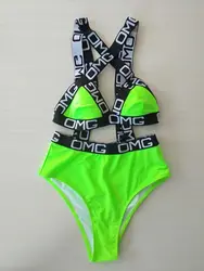 2022 Neon kobiety strój kąpielowy Push Up strój kąpielowy Bikini wysokiej talii strój kąpielowy OMG list drukuj One Piece Monokini kostium kąpielowy strój kąpielowy