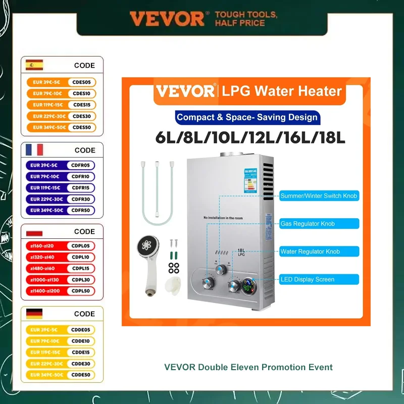 VEVOR LPG Water Heater 6L 8L 10L 12L 16L 18L LPG Liquefied Petroleum Gas Propane Butane Water Heater Stainless Steel Boiler Kit