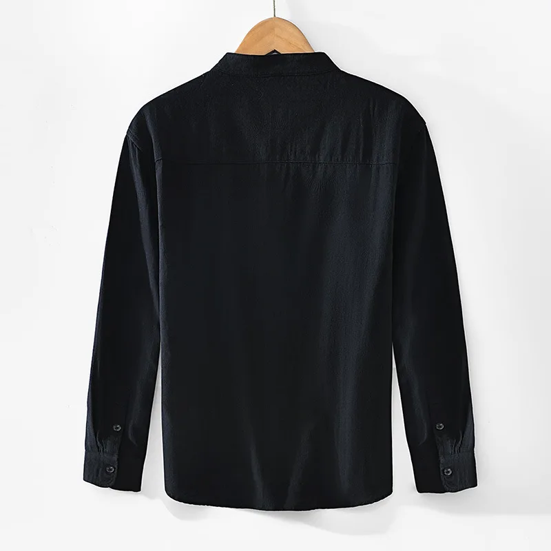 Spring/Autumn Casual Pure Cotton Shirt - Loose Stand Collar Solid Color Long Sleeve Top for Layering