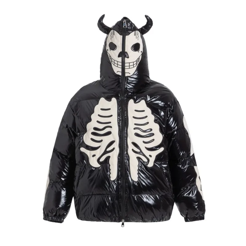 

Men's Puffer Jackets With Devil-horn Hood, Halloween Embroidery Skeleton Mans Coats, Hiphop Winter Parkas For Woman