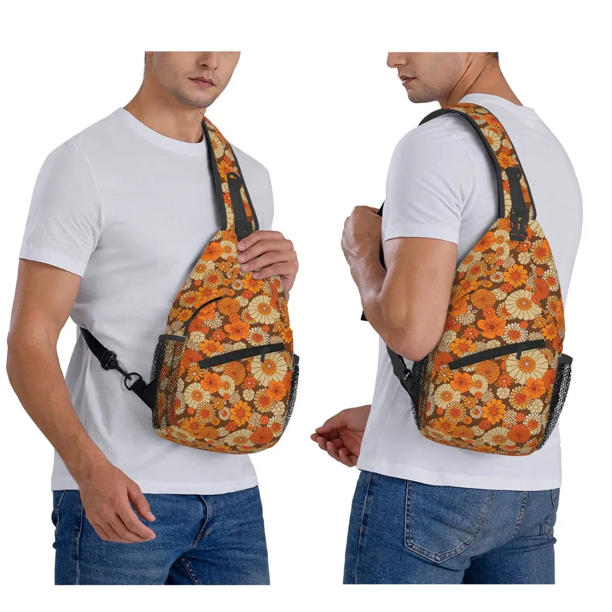 70s Retro Daisies Vintage Flower Power Orange And Brown Boho Chest Bag Men Crossbody Backpack Chest Bag Daypack Shoulder Bag