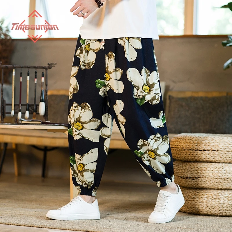 Chinese Style Cotton Linen Casual Pants Fashion Big Flower Print Harem Pants Loose Drawstring Elastic Waist Bloomers