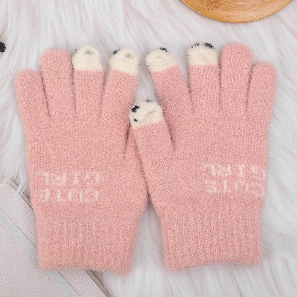 Süße Panda Fingers pitze warme Handschuhe Frauen Mädchen Winter flauschige gestrickte finger lose Handschuh Wolle Touchscreen Telefon Voll finger