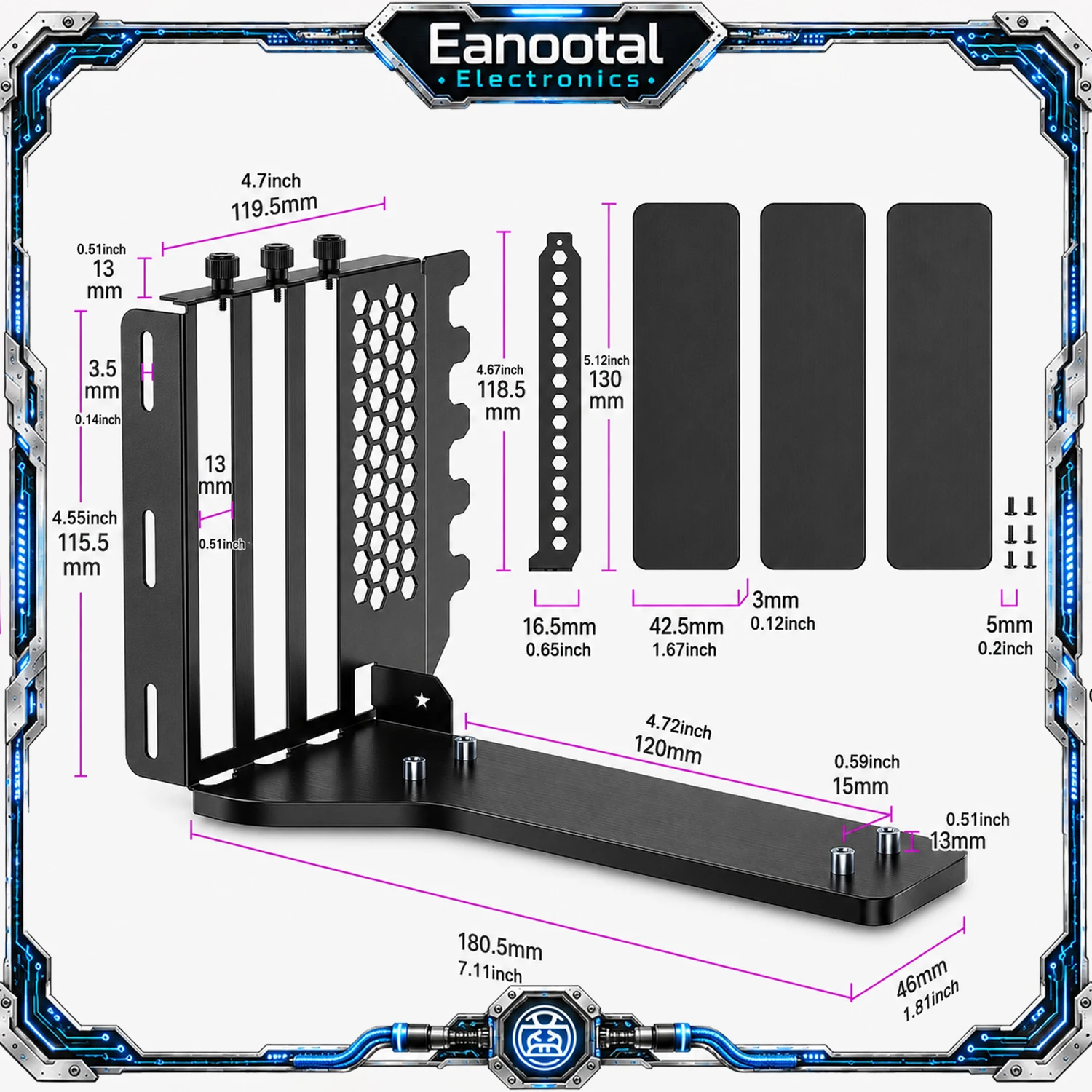 Black White Purple GPU Riser Cable with 3 Slot Vertical Graphics Card Bracket Options