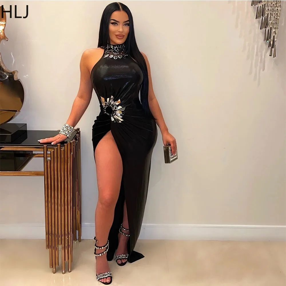 HLJ Sexy Rhinestone Ruched High Slit Bodycon Dresses Women Solid Color Sleevless Party Club Vestidos Fashion Glossy Slim Clothes