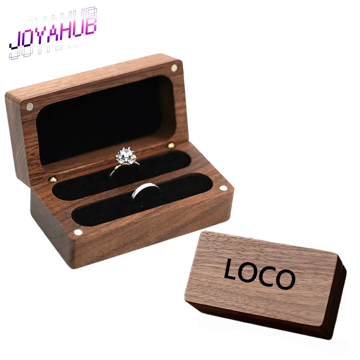 

Vintage wooden Ring Box Dual Ring Compartment Black Velvet Lining Magnetic Closure Custom Logo for Wedding Proposal Jewelry Gift