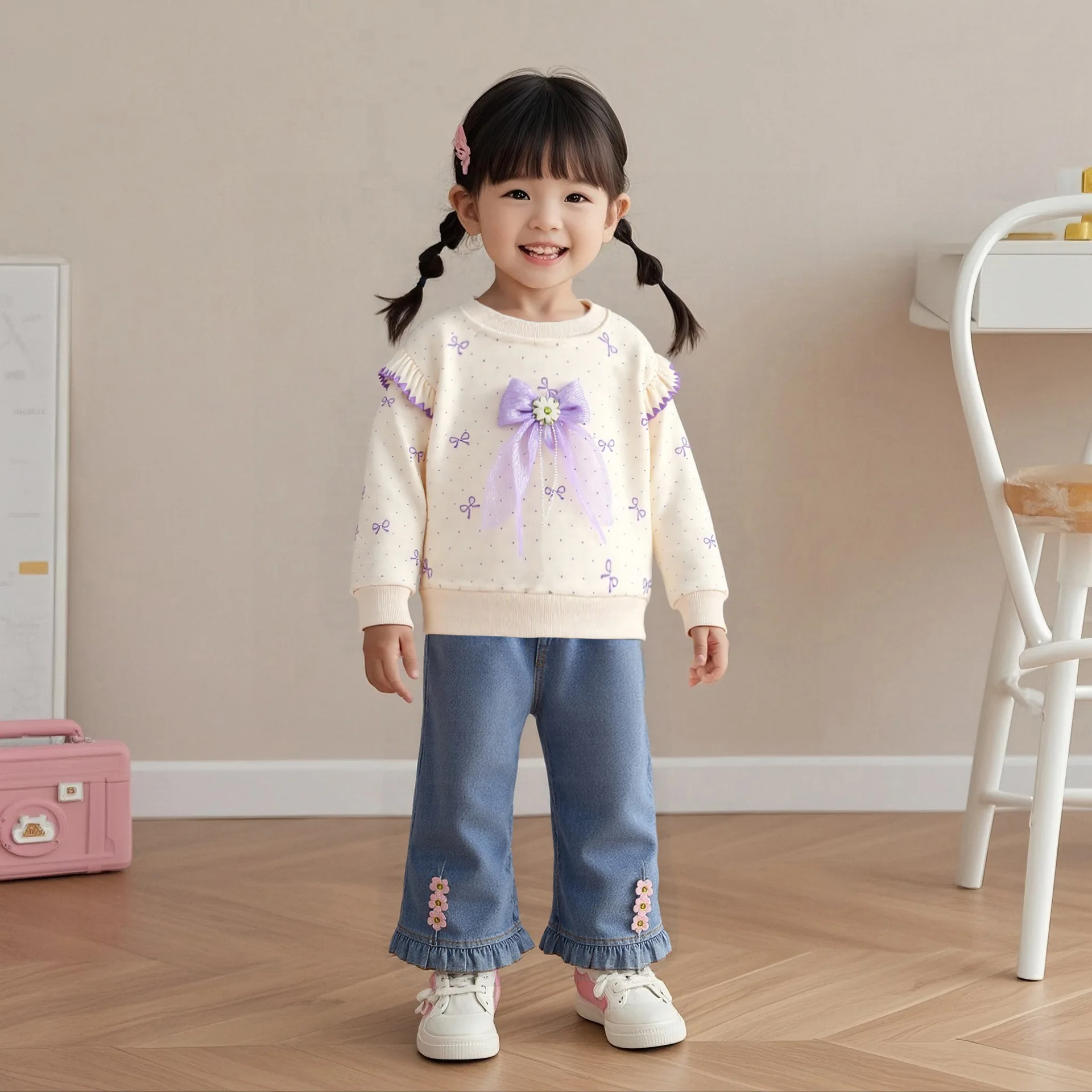 

‌2025 Autumn Girls' Outfit Set Toddler Bowknot Trim Sweatshirts & Jeans 2-Piece Fashionable Fall Clothes for Kids 1-6 Years