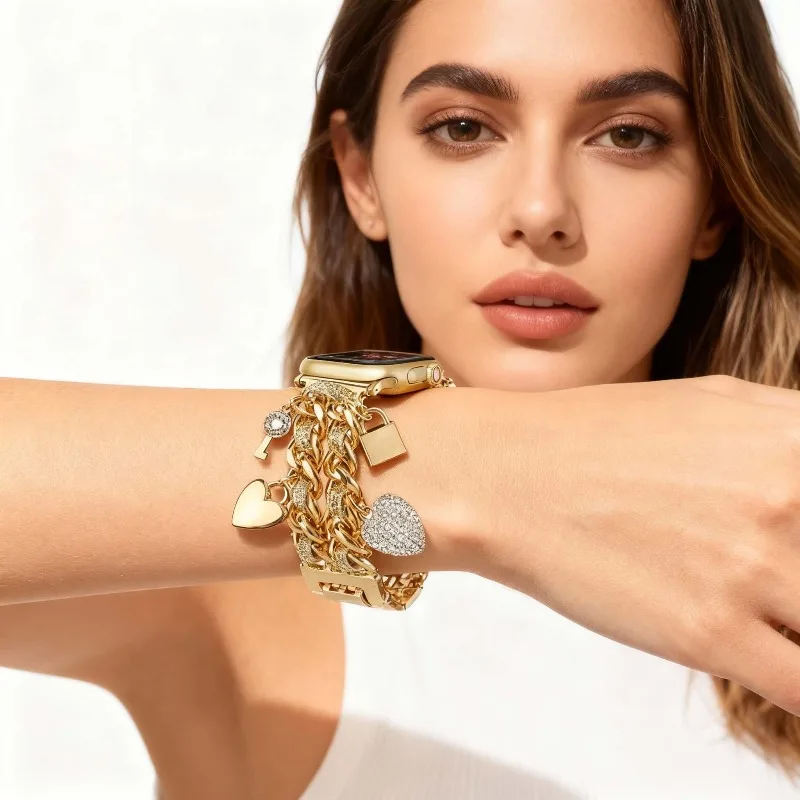 Tali Logam untuk Apple Watch Seri 10 9 8 7 6 5 4 Se Wanita Gelang Link IWatch Ultra2 49mm 41 45 38 42 46 40 44mm Tali Mewah