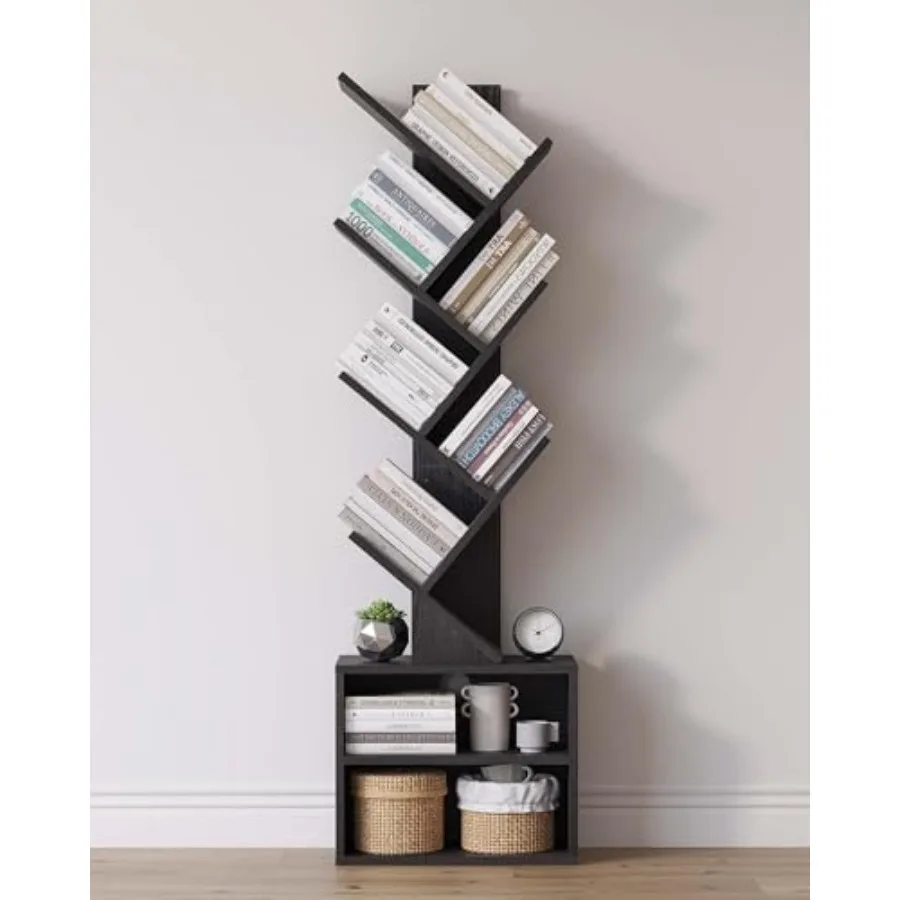 

6 Tier Tree Bookshelf, Small Bookcase with Storage Cabinet, Modern Narrow Bookshelves Organizer, Floor Standing Book Shelf for
