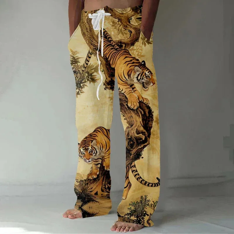 Men's Japanese Art Crane Print Loose Pants Harajuku Men's Wide Leg Pants Cat and Bird on Branch Trousers Streetwear