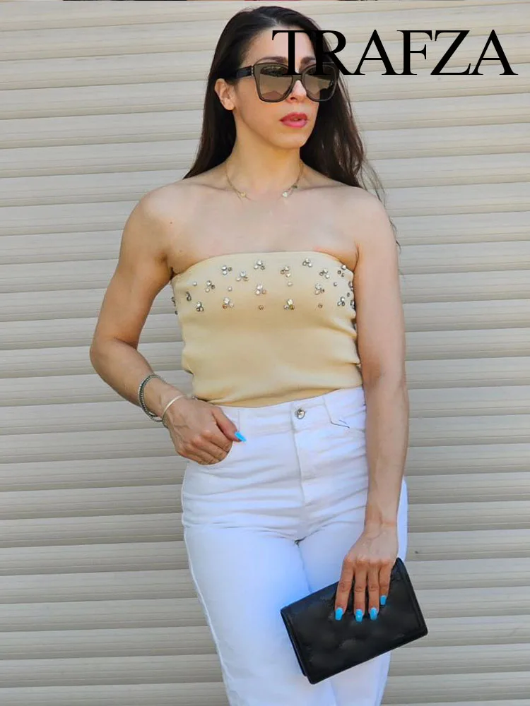 

TRAFZA Women Summer Chic Jewelry Bead Knitted Short Top Woman Elegant Sexy Sleeveless Backless Casual Slim Tank Tops Mujer
