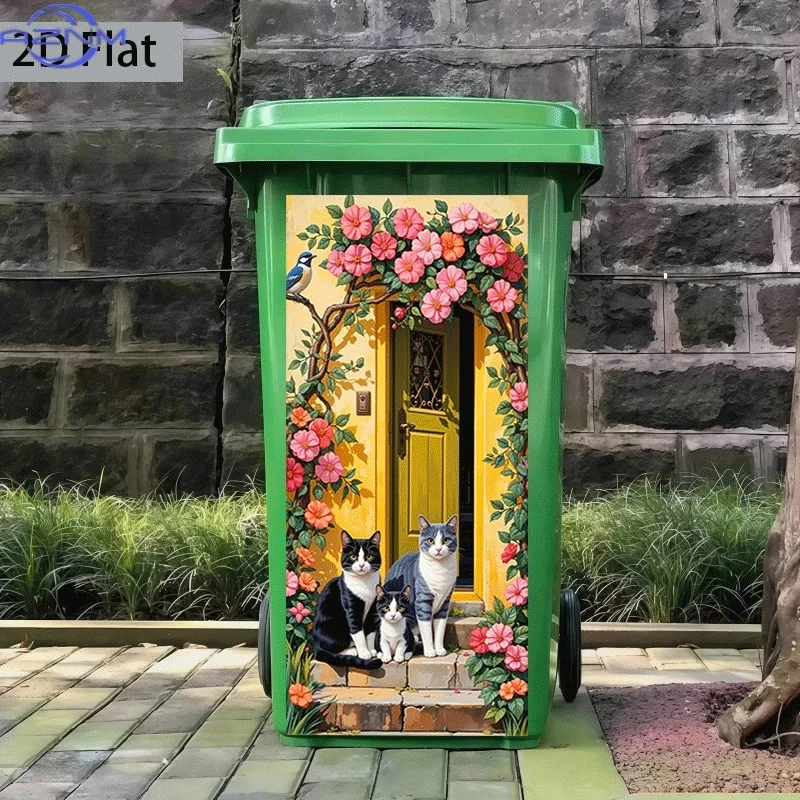 2D Flat Printing 1pc Trash Can Sticker , Playful Calico Cat in Front of a Floral Gate Themed Design, Self-Adhesive Wall Decal