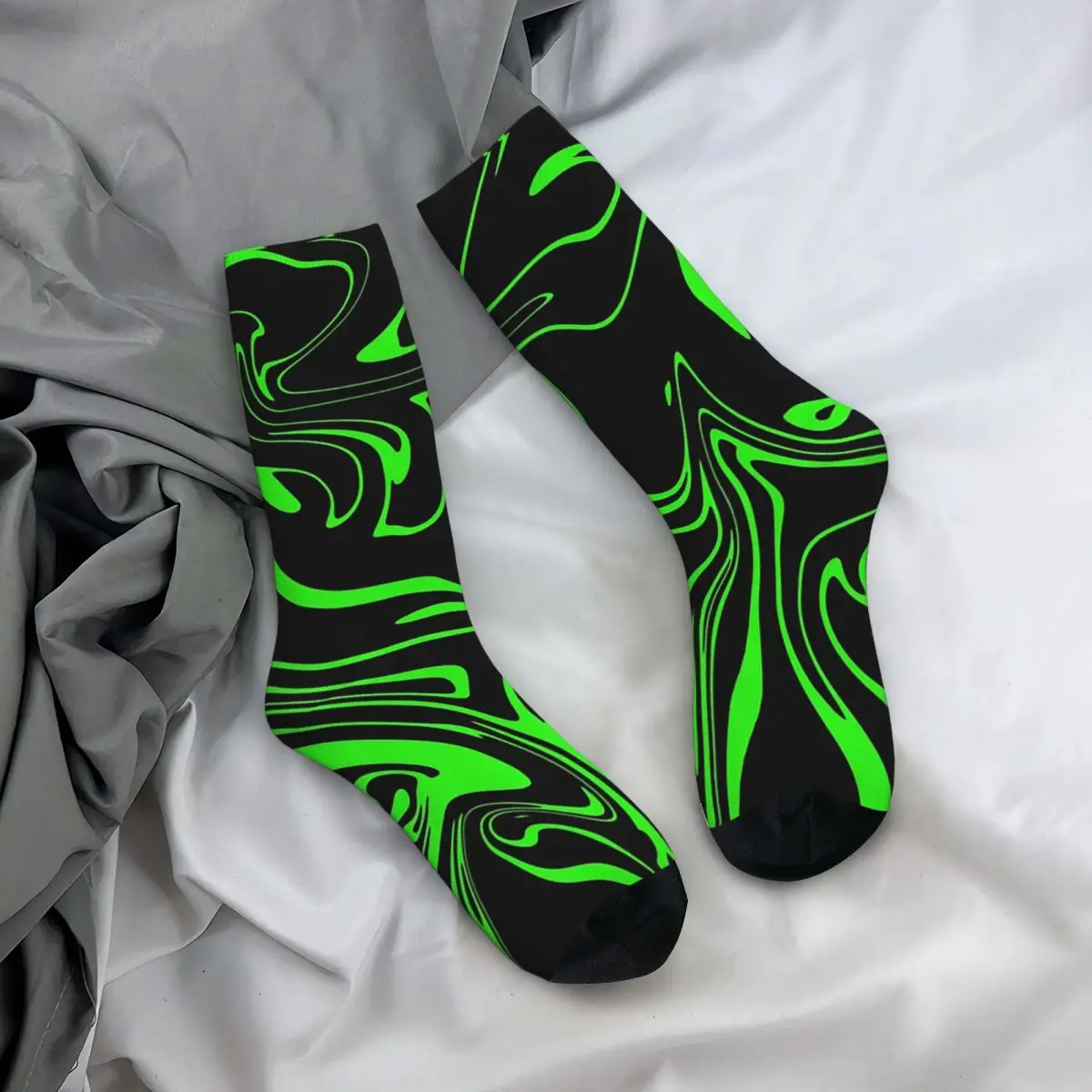 

Носки на все сезоны с абстрактным искаженным узором в виде вихрей, неоново-зеленые и черные, длинные носки в стиле хип-хоп для мужчин и женщин