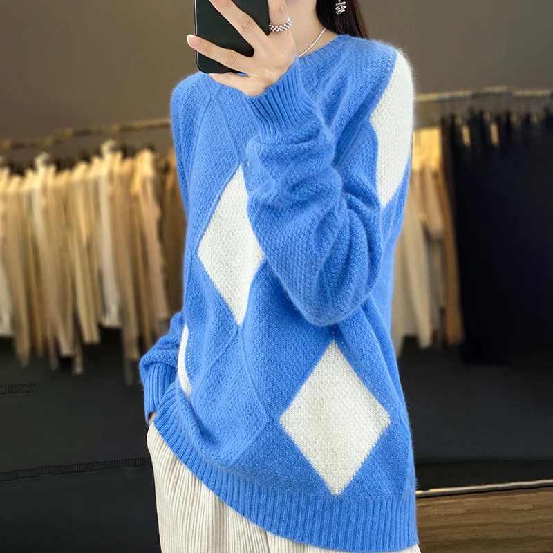Women's Rhombus Color Block 100% Pure Wool Knitted Sweater round Neck Loose Pullover Base Layer Autumn Winter Comfortable Top