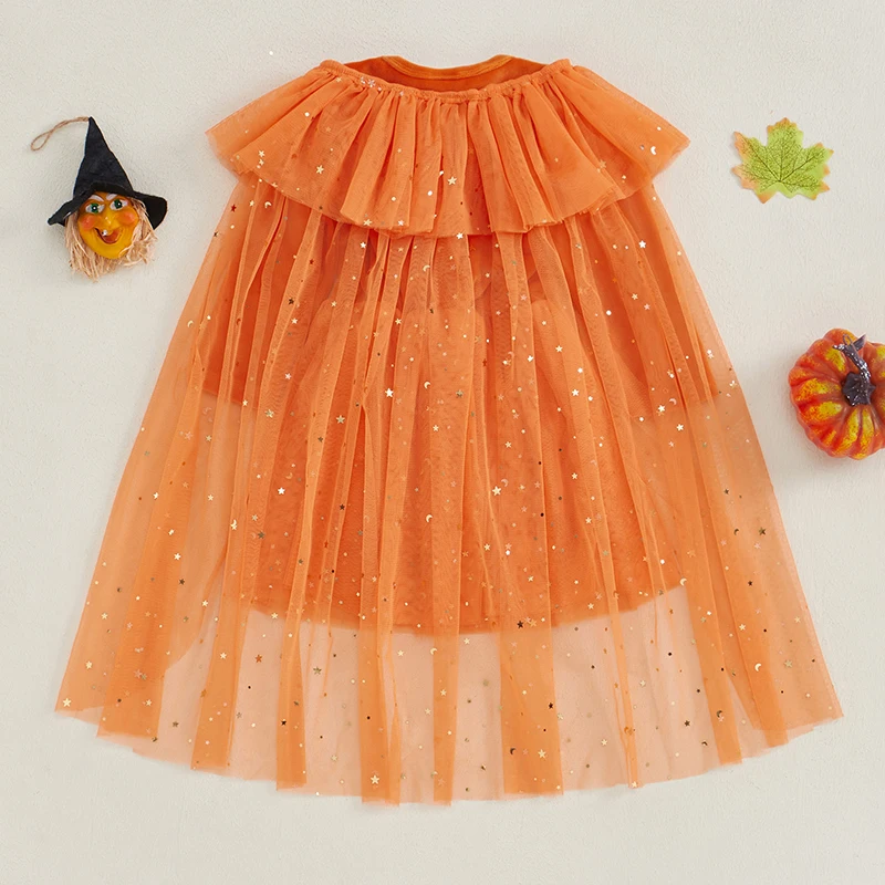 Girl Halloween Orange Printed Velvet Dress Pumpkin Face Print Long Sleeved Round Neck Chiffon Patch A-Line Dress with Shawl