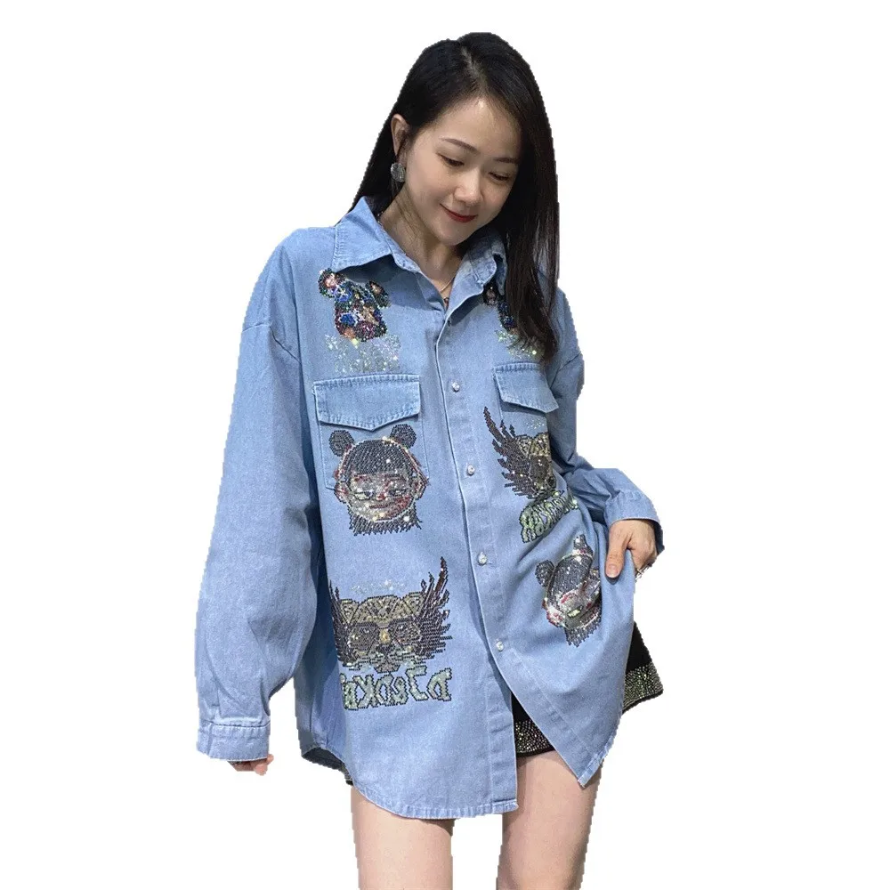 Fashion Rhinestone Large Version Denim Shirt for Women Spring and Autumn New Mid-Length Fashion Loose Jacket Women's Shirt #5