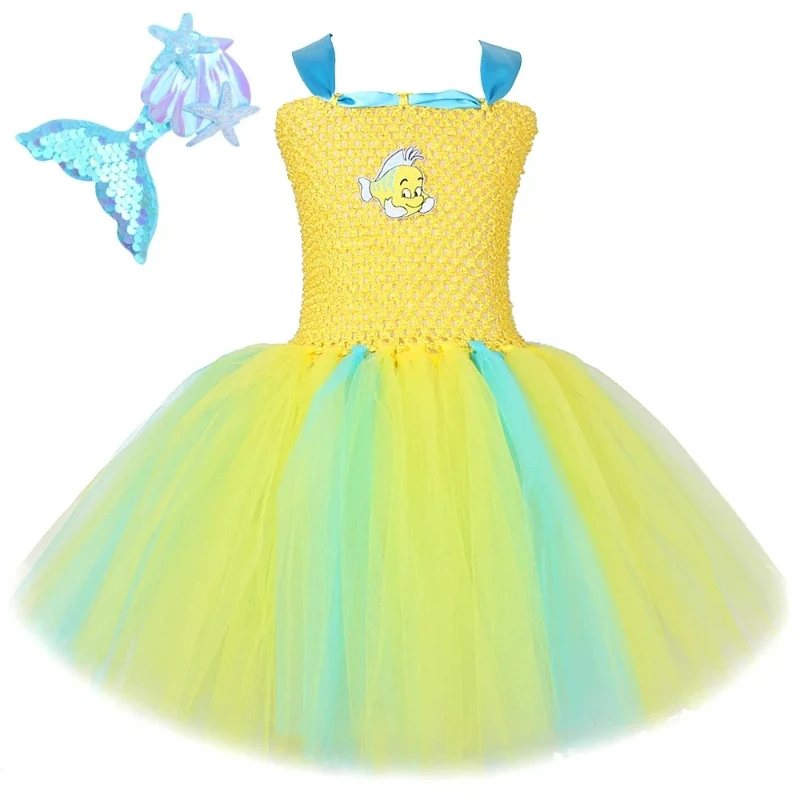 The Little Mermaid Flounder Costumes for Baby Girls Princess Cartoon Fish Tutu Dress Kids Birthday Halloween Party Outfit Sets