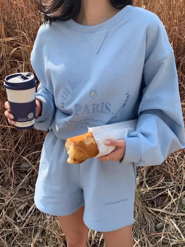 Ele automne longue Sve lettre brodée impression sweat taille haute jambe large pantalons décontractés ensemble orts pour les jeunes femmes