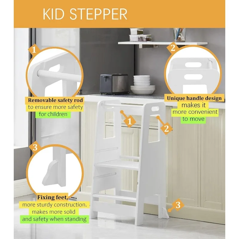 Kid's Wooden Kitchen Step Stool, 220lbs Capacity, Adjustable Platform Standing Tower, with Safety Guardrail Child Studying.