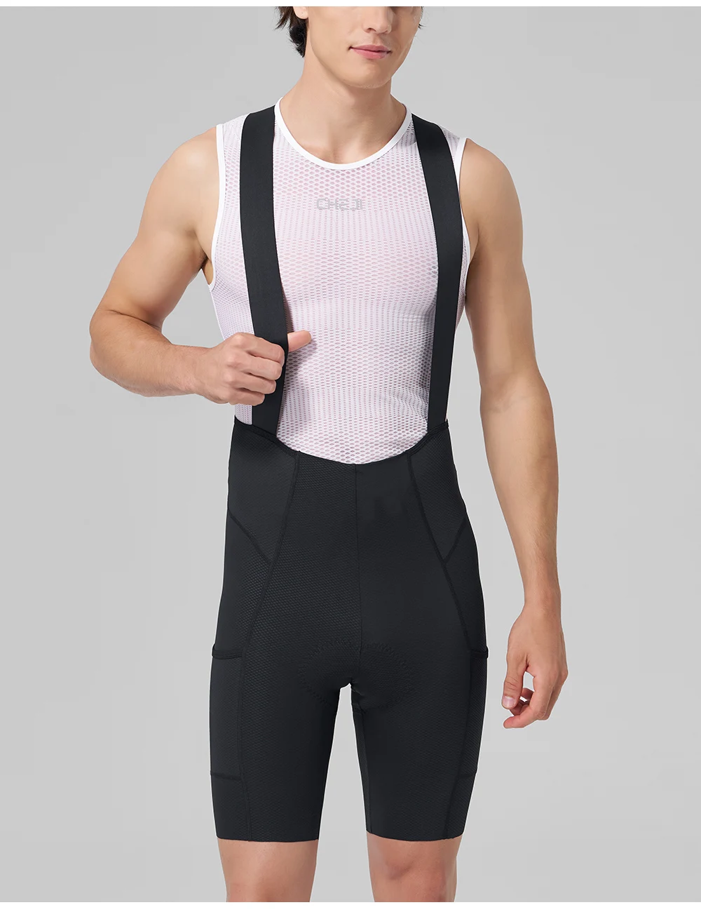 CHEJI Herren Radsport-Trägerhose mit Seitentaschen, nahtlosen, rutschfesten Beinmanschetten, gepolstert für 7 Stunden Fahrt auf Straßen- und MTB-Fahrrädern. – Detail 10