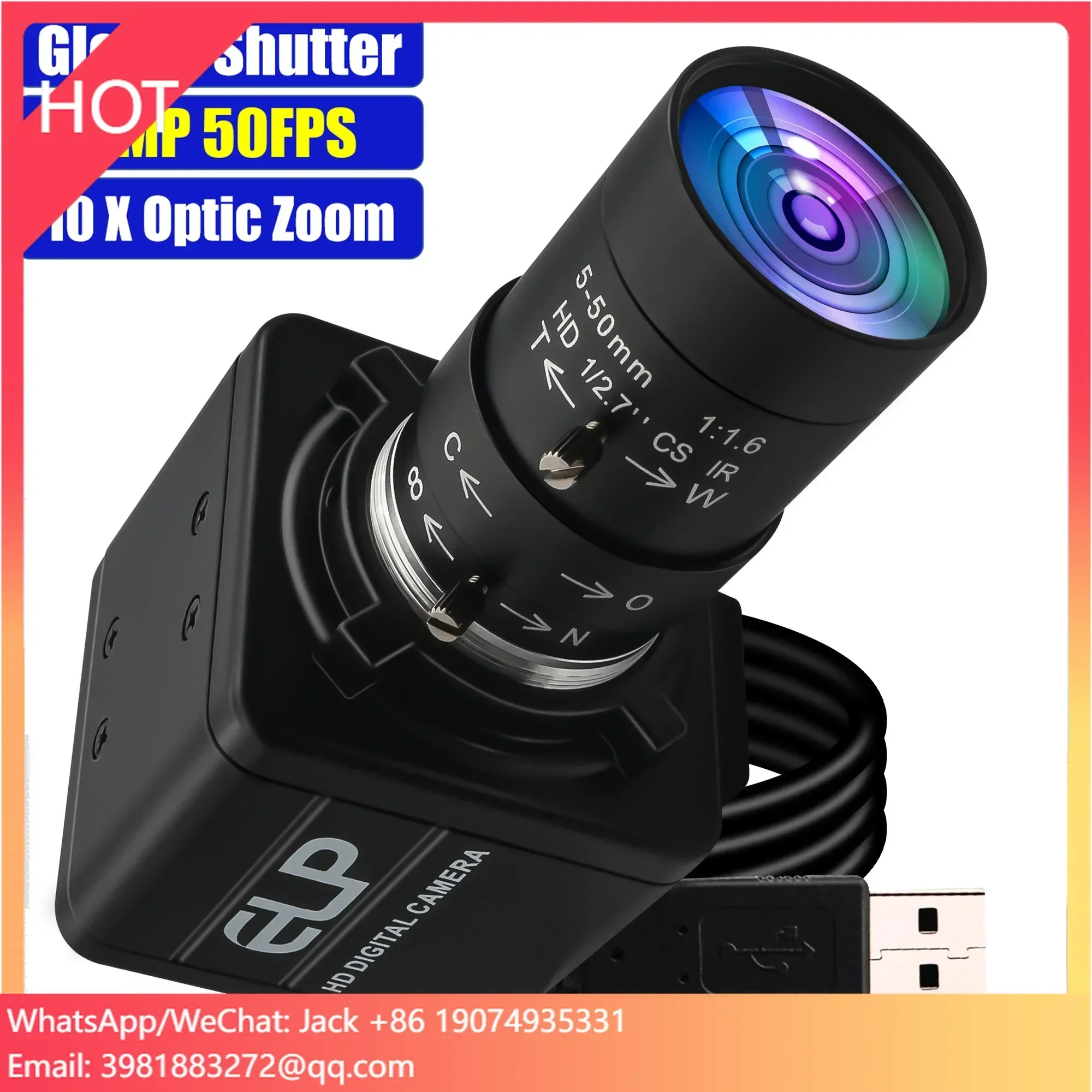 ELP 5MP Global Shutter USB Camera 10X Zoom High Speed 5MP 50FPS 1080P 60FPS Webcam for Industrial Inspection Traffic Monitoring