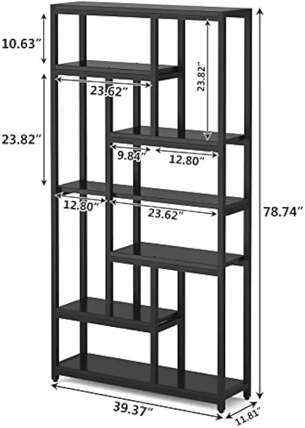 79 inch boekenplank, 7-laags hoge boekenkast met 10 open plank, houten en metalen boekenplank opbergplanken voor slaapkamer, woonkamer