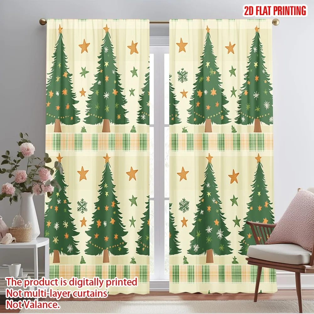 2pcs,2D plane printing Light Filtering Curtains Christmas Trees Garland Holiday Season (2) Versatile 100% Polyester (without