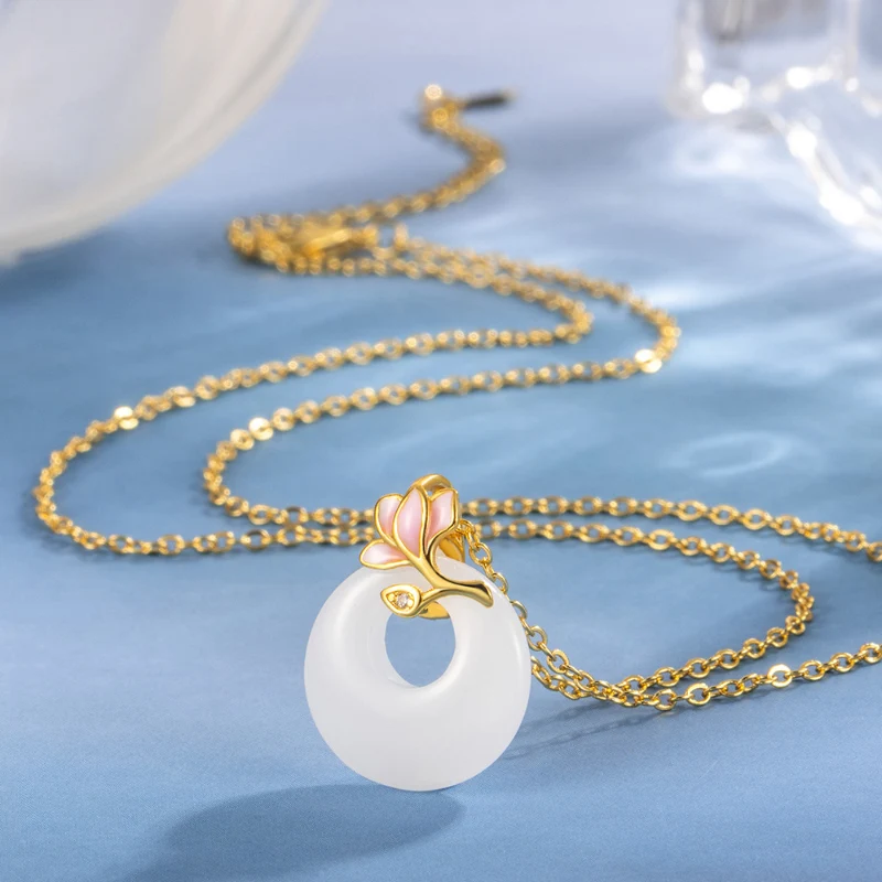 New Chinese Style Orchid White Jade Safety Buckle Necklace Women\'s Winter High-end Feeling Elegant 925 Silver Necklaces KOFSAC