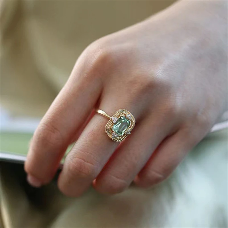 French Vintage Green Zircon Geometric Ring Women Fashion Stainless Steel Adjustable Ring Jewelry Accessories Anniversary Gift