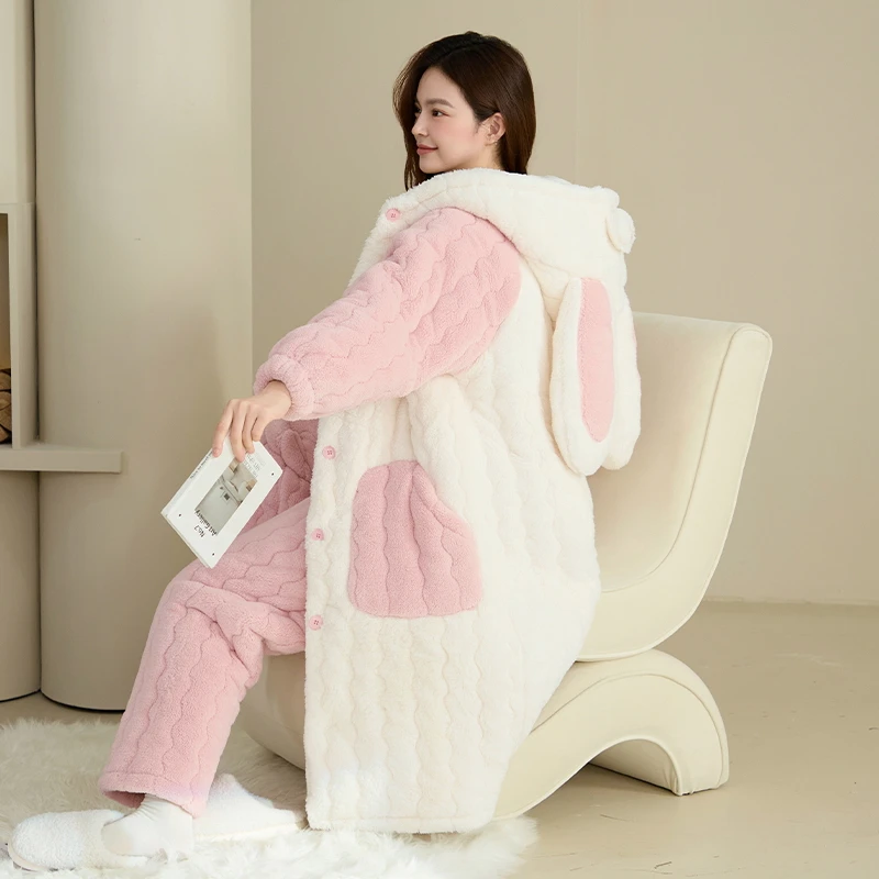 Winter 2 Pieces Set Thickened Clip Cotton Robe+Pant Women Cute Cartoon Comfortable Pyjamas Female Bathrobe With Hooded