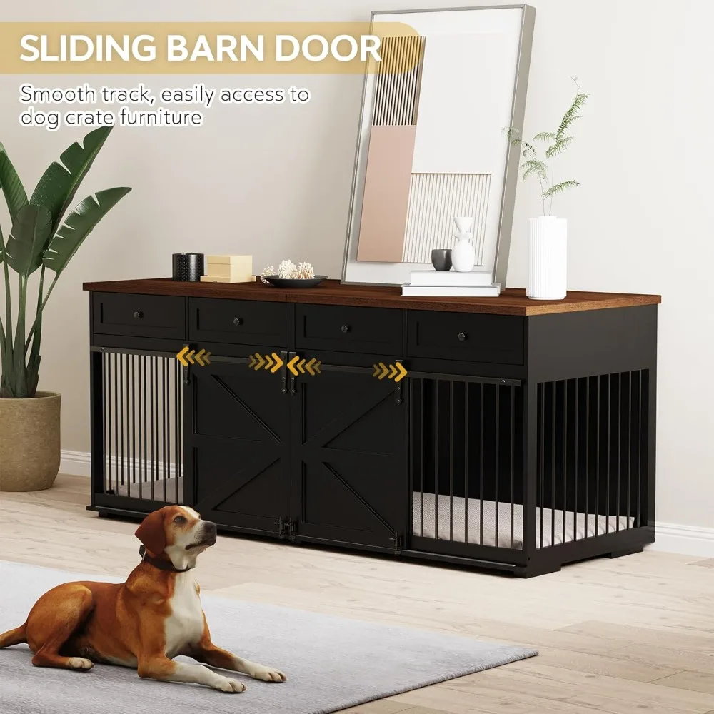 Dog Crate Furniture - Indoor Wooden Kennel Furniture with 4 Drawers and 2 Sliding Barn Doors -- 83