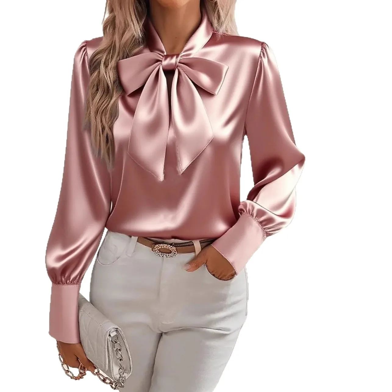 2025 Spring Autumn New Women's Bow Shirt Long Sleeve Satin Fashion Korean Top Elegant Office Basic White Blouses for Female