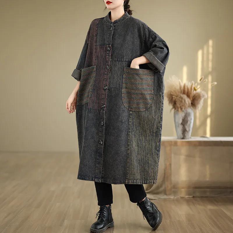 Winter Fall Fashion Vintage Patchwork Women's Trench Stand Collar Striped Patches Loose Casual Long Length Jacket Female
