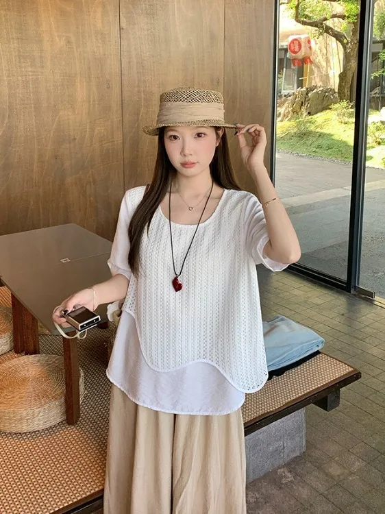 

plus Size Women's Wave Hollow out Short Sleeve Top Layered Vest Summer Fashionable Trendy Commute Style High Waist Design